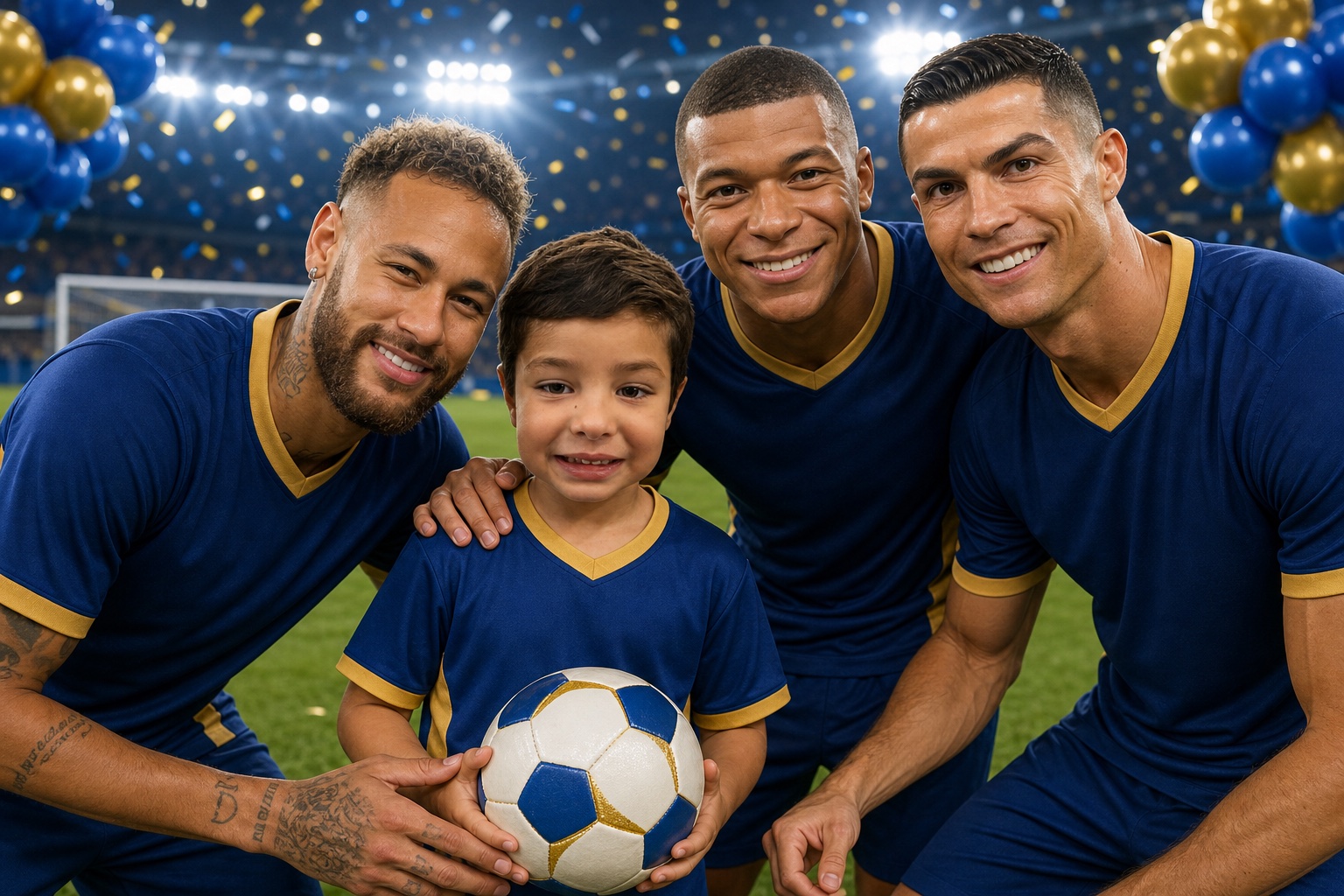 Ícaro no campo, com a bola, ao lado de três craques do futebol