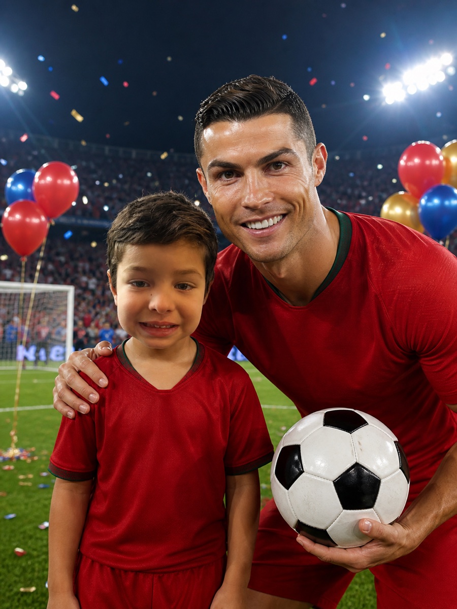 Ícaro com um jogador de futebol, ambos de uniforme vermelho, no estádio