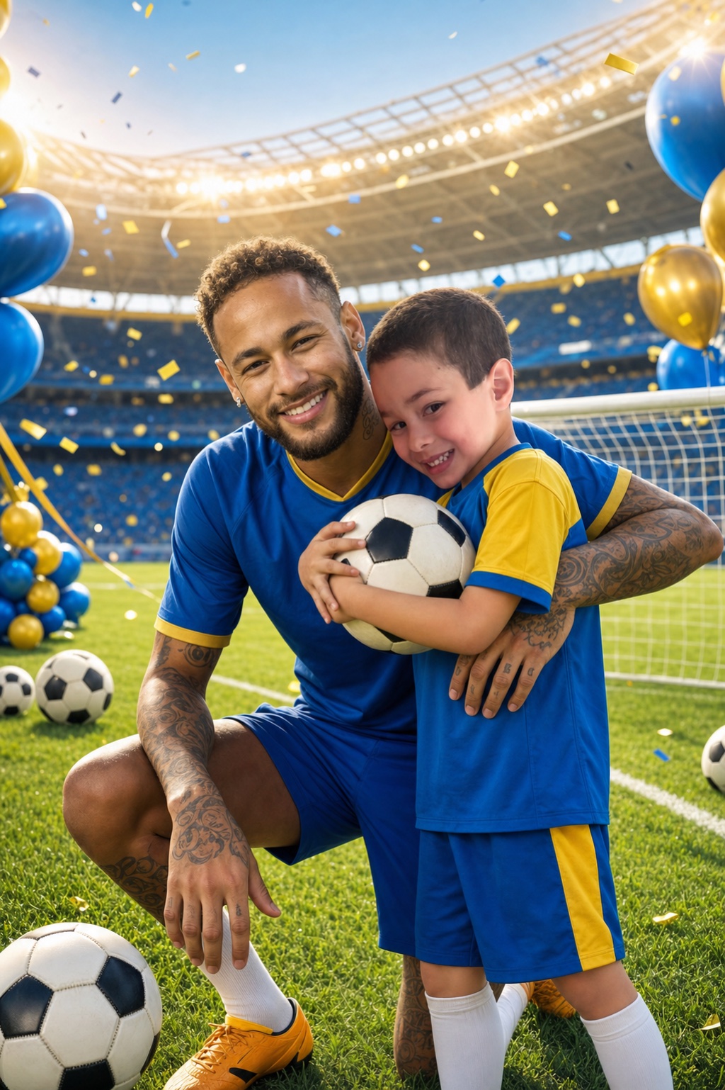 Ícaro abraçado a um jogador de futebol no estádio, com uniforme azul e amarelo